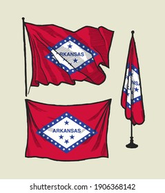 Bandera de Arkansas en el viento y en la pared conjunto de ilustraciones dibujadas a mano