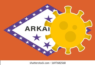 Flag of Arkansas State With Outbreak Viruses Background of USA State flag. Novel Coronavirus Disease COVID-19. Coronavirus Infection And The Epidemic In America. USA Lockdown.