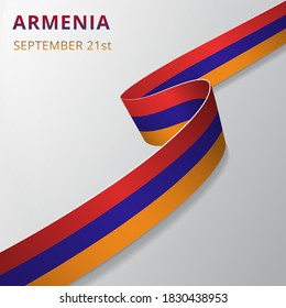 Flag of Armenia. 21st of September. Vector illustration. Wavy ribbon on gray background. Independence day. National symbol