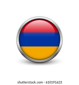 Flag of Armenia, button with metal frame and shadow