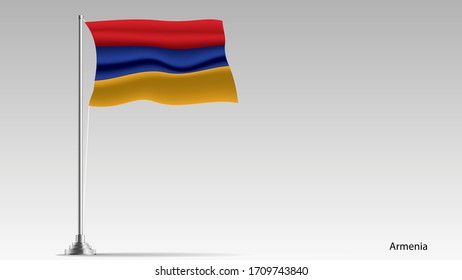 Flag of Armenia with flagpole waving in the wind against white background, Vector.