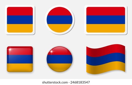 Flag of Armenia icons collection. Flat stickers and 3d realistic glass vector elements on white background with shadow underneath.