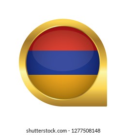 Flag of Armenia, location map pin, pointer flag, button with the reflection of light and shadow, gold frame, Icon country. Realistic vector illustration on white background.