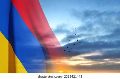 The flag of Armenia on background of sunset sky. EPS10 vector