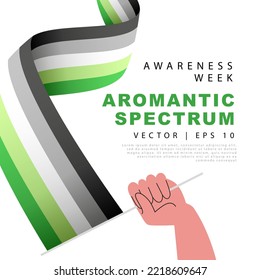 Die Flagge des aromatischen Stolzes ist in der Hand eines Mannes. Sexuelle Identifikation. Ein farbiges Logo einer der LGBT-Flaggen. Vektorgrafik.