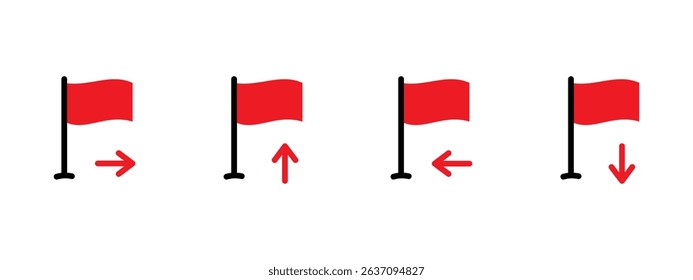 Flag arrow icon. Red flags with arrows pointing in four cardinal directions vector illustration. Navigation and location marking symbol. Directional guide and movement indicator sign.