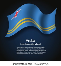 Bandera de Aruba volando sobre fondo oscuro con texto. Ilustración del vector