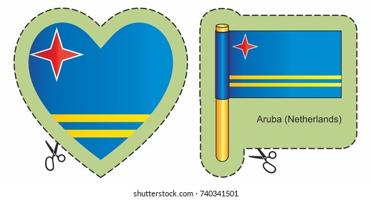Flag of Aruba. Kingdom of the Netherlands. Vector cut sign here, isolated on white. Can be used for design, stickers, souvenirs.