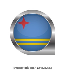 Flag of Aruba, location map pin, pointer flag, button with the reflection of light and shadow, silver frame, Icon country. Realistic vector illustration on white background.