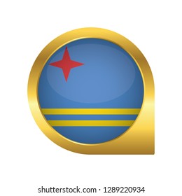 Flag of Aruba, location map pin, pointer flag, button with the reflection of light and shadow, gold frame, Icon country. Realistic vector illustration on white background.