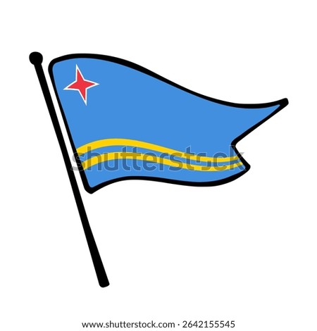 Flag of Aruba. Aruba flag vector illustration icon design in the hand-drawn style. Fluttering flagpole flag.