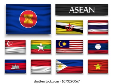 Flag of ASEAN ( Association of Southeast Asian Nations ) and membership . Wavy design . Isolated background .