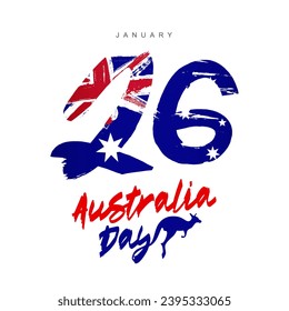Flag of Australia in the big number 26. Lettering is Australia Day. Silhouette of a kangaroo. Invitation to the day of the first landing. January 26. National Day. Vector illustration