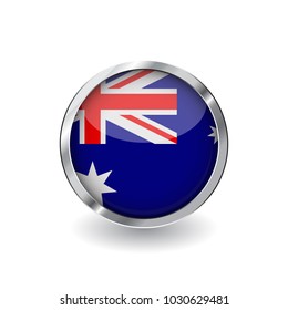 Flag of australia, button with metal frame and shadow. australia flag vector icon, badge with glossy effect and metallic border. Realistic vector illustration on white background.