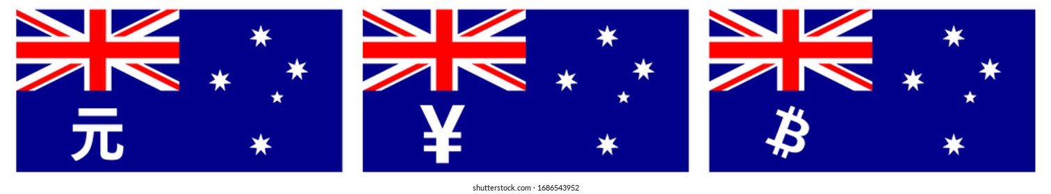 Flag of Australia, commonwealth star replaced with Renminbi Yuan, Yen, bitcoin sign. Australian trade to China, Japan and cryptocurrency trading concept