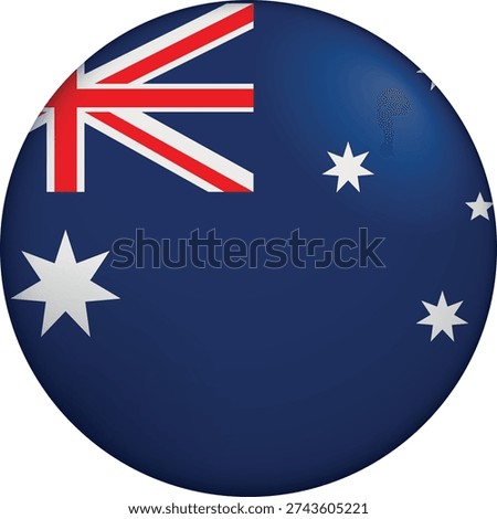 Flag of Australia. Glossy circular flag. Button appearance. 3D Icon Design with depth. Professional, tactile look. Perfect for representing national identity in digital interfaces and perfect for websites