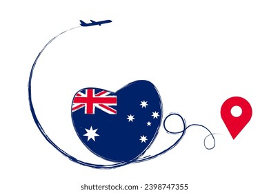 Flag Australia. Heart, love romantic travel. Symbol of airplane, air plane, aircraft, aeroplane, flying, fly jet airline. Line path. Vector location pointer route. Travel for your web site design, log