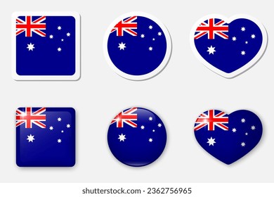 Flag of Australia icons collection. Flat stickers and 3d realistic glass vector elements on white background with shadow underneath.