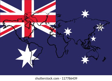 The flag of Australia with the outline of the world