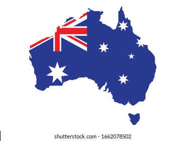 Bandera de Australia colocada sobre un mapa esquemático de Australia. Ilustración del vector