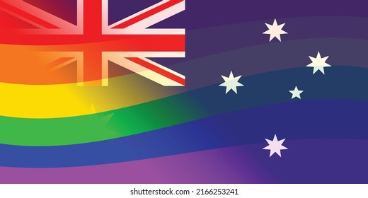 The flag of Australia red white and blue with LGBT rainbow overlay