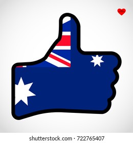 Flag of Australia in the shape of Hand with thumb up, gesture of approval, meaning Like, vector finger sign, flat design illustration.