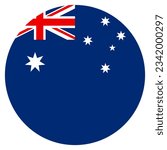 The flag of Australia. Standard color. Round button icon. The circle icon. Computer illustration. Digital illustration. Vector illustration.