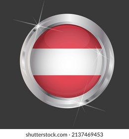 Flag of Austria in circle. 3D effect. Glossy and shiny button with metal frame and sparkles. Light reflection. Round Graphic design element. Isolated on gray background. Vector image EPS 10. 