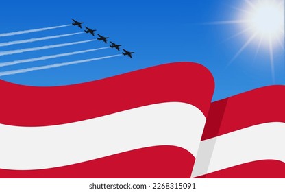 Flag of Austria and a fighter plane formation flying in the sky. 26th October Independence day Austria. Military aviation in the blue sky. Vector illustration