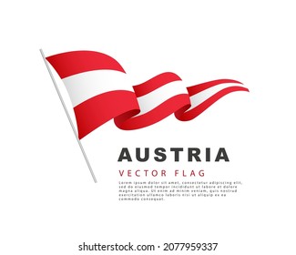 La bandera de Austria cuelga de un asta de bandera y flauta en el viento. Ilustración vectorial aislada en fondo blanco. Logo colorido de la bandera austríaca.