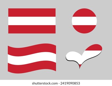 Flag of Austria. Austria flag in heart shape. Austria flag in circle shape. Country flag variations	
