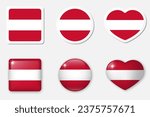 Flag of Austria icons collection. Flat stickers and 3d realistic glass vector elements on white background with shadow underneath.