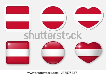 Flag of Austria icons collection. Flat stickers and 3d realistic glass vector elements on white background with shadow underneath.