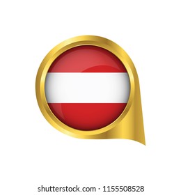 Flag of Austria, location map pin, pointer flag Austria, button gold, Icon country . Vector Illustration EPS10.