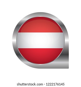 Flag of Austria, location map pin, pointer flag, button with the reflection of light and shadow, silver frame, Icon country. Realistic vector illustration on white background.