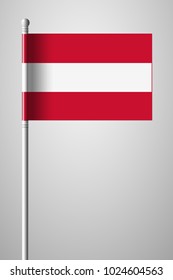 Flag of Austria. National Flag on Flagpole. Isolated Illustration on Gray Background