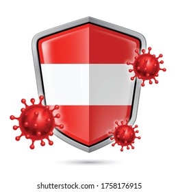 Flag of Austria on Metal Shiny Shield Icon and Red Corona Virus Cells. Concept of Health Care and Safety Badge. Security Safeguard Metal Label with Austrian flag
