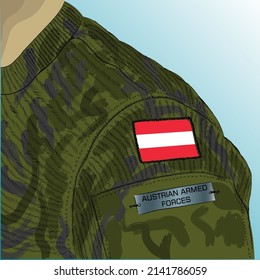 Flag of Austria on soldier arm. Austrian army.