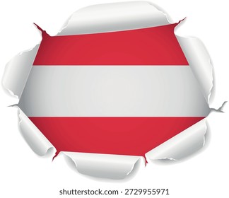Bandera de Austria. Bandera revelada a través de agujero de papel rasgado con bordes rizados realistas sobre un fondo transparente. Los bordes rasgados se curvan hacia afuera con sombras y profundidad realistas, creando un efecto de revelación sorprendente