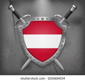 Flag of Austria. The Shield with National Flag. Two Crossed Swords. Vector Medieval Background