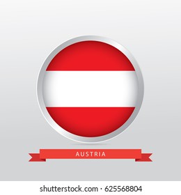 Flag of Austria in shiny circle with red ribbon on gradient gray background.