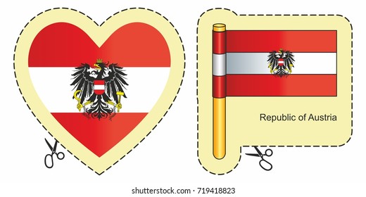 Flag  Austria. Vector cut sign here, isolated on white. Can be used for design, stickers, souvenirs.