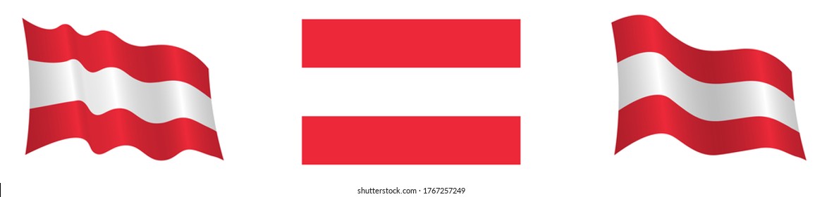 Flag of Austrian Republic in a static position and in motion, developing in the wind, on a white background. Accurate approved flag colors