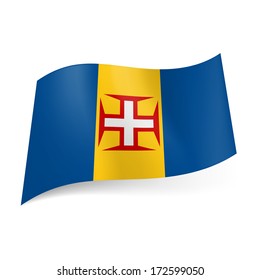 Flag of autonomous region of Portugal - Madeira: yellow and blue vertical stripes with red bordered white cross on central band