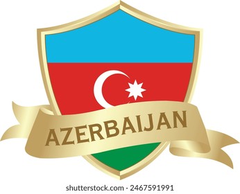 Flag of azerbaijan as around the metal gold shield with azerbaijan flag