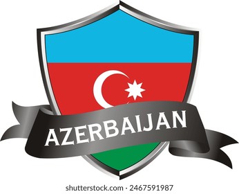 Flag of azerbaijan as around the metal silver shield with azerbaijan flag