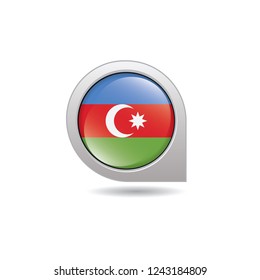 Flag of Azerbaijan, button with the reflection of light and shadow, gray frame, Icon country. Realistic vector illustration on white background.