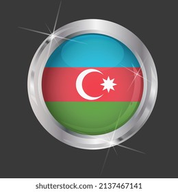 Flag of Azerbaijan in circle. 3D effect. Glossy and shiny button with metal frame and sparkles. Light reflection. Round Graphic design element. Isolated on gray background. Vector image EPS 10. 