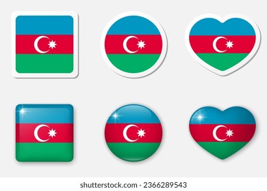 Flag of Azerbaijan icons collection. Flat stickers and 3d realistic glass vector elements on white background with shadow underneath.