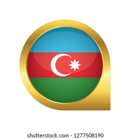 Flag of Azerbaijan, location map pin, pointer flag, button with the reflection of light and shadow, gold frame, Icon country. Realistic vector illustration on white background.